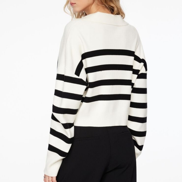 Dynamite Black and White Striped V-Neck Polo Sweater - Picture 4 of 5